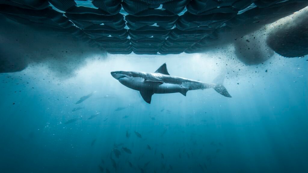 Great White Shark swimming past Chum island